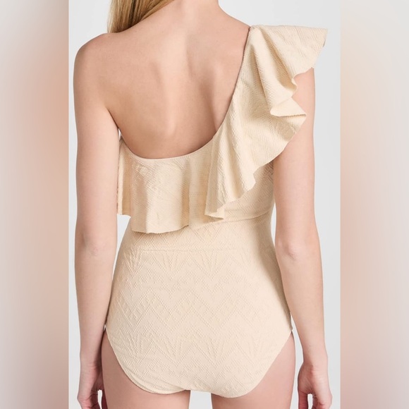 NWOT - Shoshanna One Shoulder Ruffle Ribbed One-Piece Swimsuit in Ecru Size 12 - Picture 3 of 8
